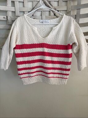 Revolve Ivory Crewneck Sweater with Pink Stripes